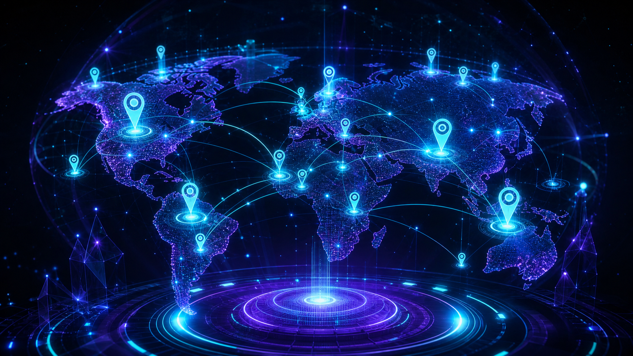 Local SEO geo intelligence map with location pins and search rankings